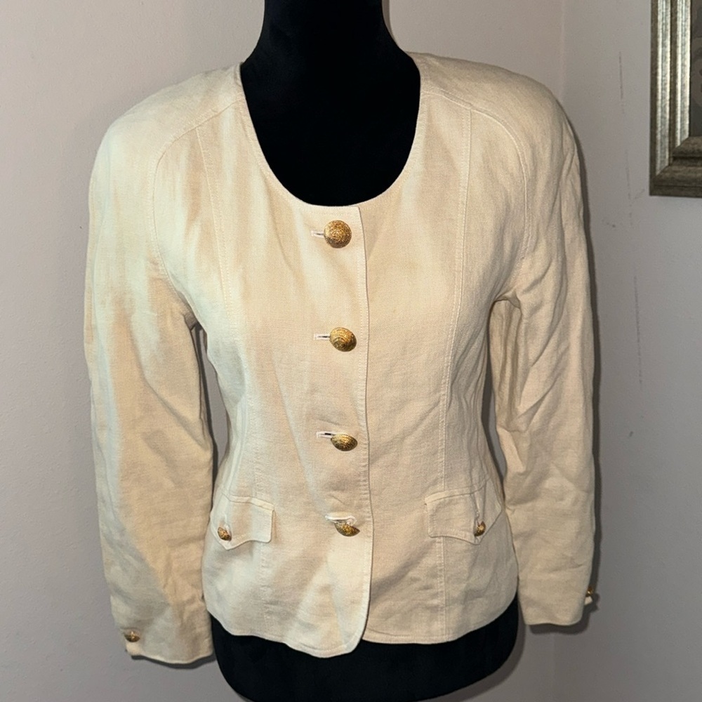 JH Collectibles Petites Linen ivory gold buttons Sz 4 blazer suit jacket Sz 4